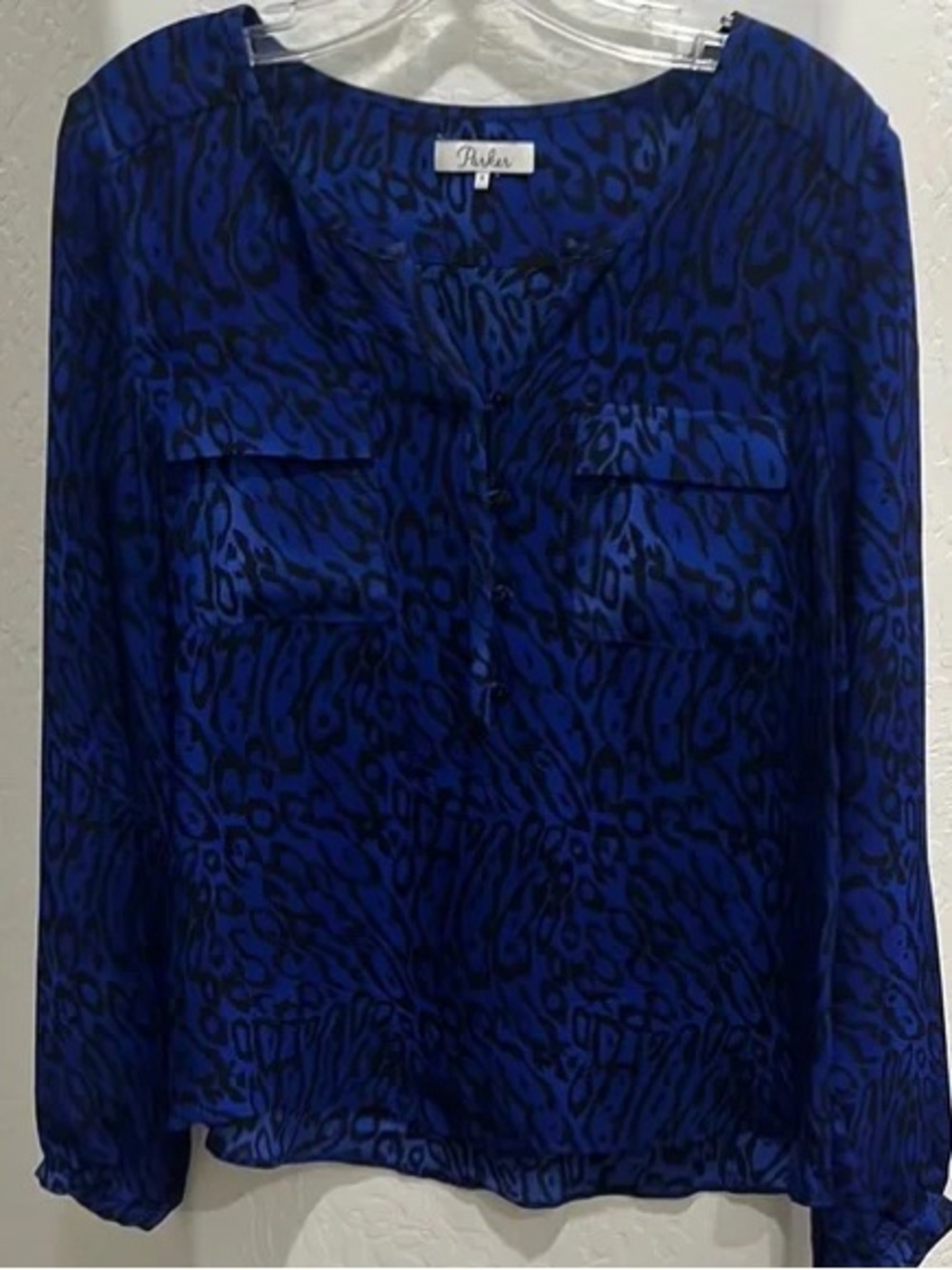 Parker Silk Blue and Black Leopard Print Button-Front Blouse
